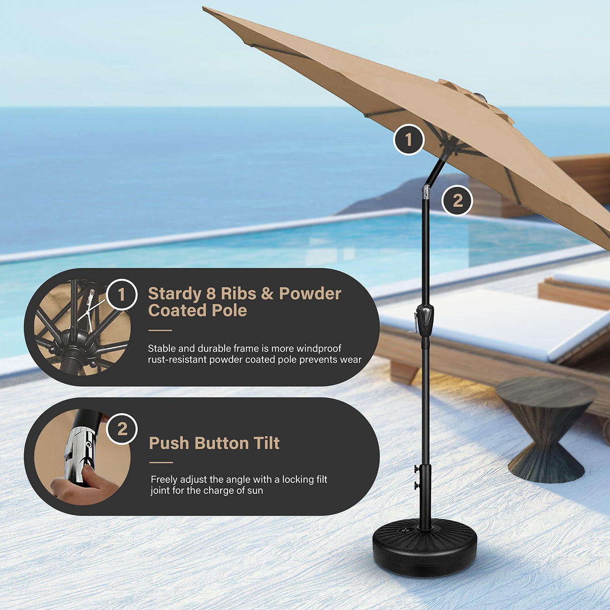Simple Deluxe 9FT Outdoor Patio Umbrella Table Market Umbrella with Push Button Tilt and Crank, 8 Sturdy Ribs, UV Protection Waterproof for Garden, Lawn, Deck, Backyard, Pool,Tan Simple Deluxe