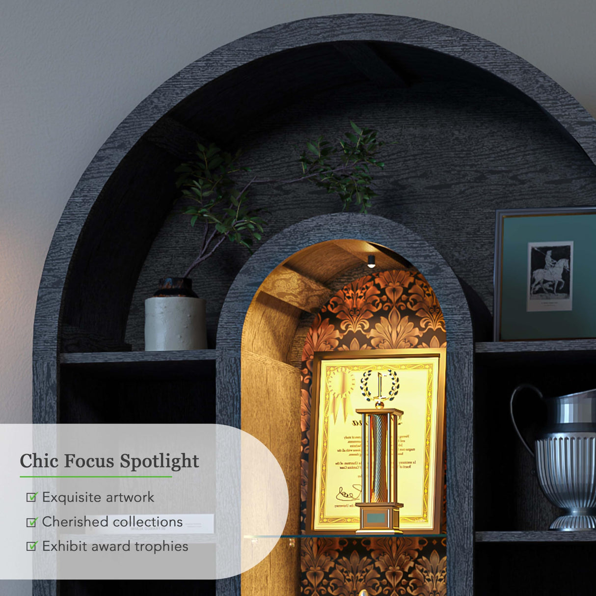 FIMELLO 70.4’’ Double-Arched Bookshelf Bookcase, Display Cabinet with Led Light, Bar Wine Cabinet with Shelves, Tall Food Pantry Furniture for Living Room, Kitchen, Dining Room, Black FIMELLO