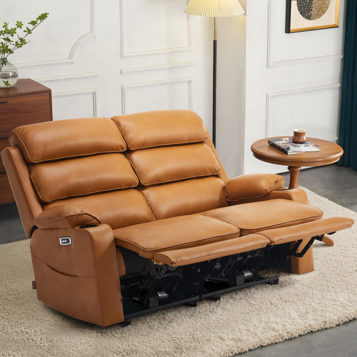 MCombo 63.4" Power Reclining Loveseat Sofa with Adjustable Headrest, Heat and Vibration, USB Type C Charge Ports Faux Leather for Living Room 6711 (Cognac Brown) MCombo