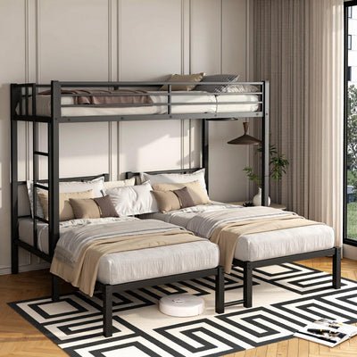 HKOLIE Heavy Duty Triple Bunk Bed for 3, Twin Over Twin Over Twins with Guardrails and Ladder, Metal Bunk Bed, 3 Bed Teens and Adults, No Box Spring Needed (Black)