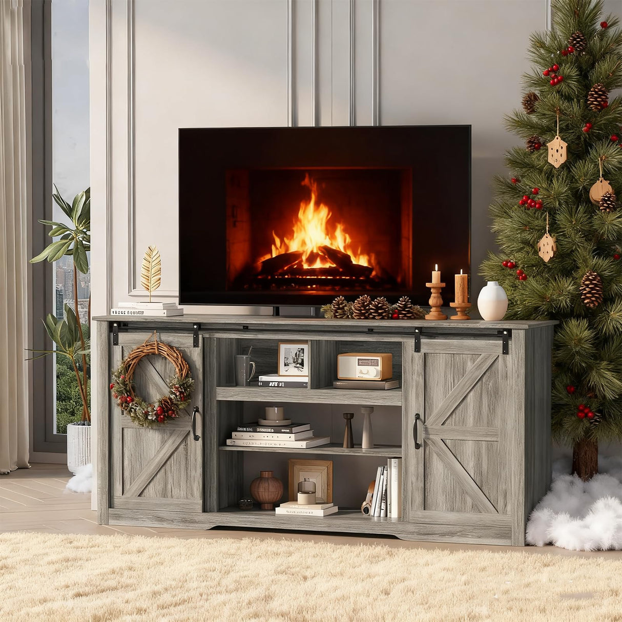 GarveeHome 70" Farmhouse TV Stands for 80" TVs, Rustic Wooden Entertainment Center with Adjustable Shelves & Sliding Barn Door, TV Console Table with Open Storage for Home, Dark Grey GarveeHome