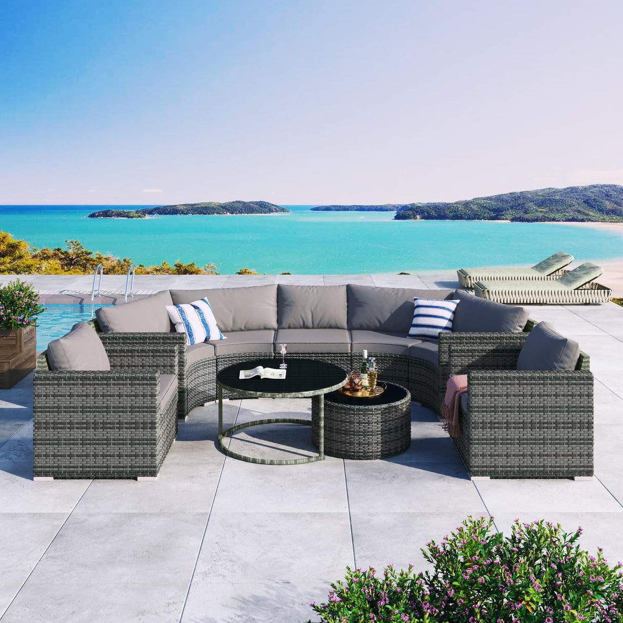 Merax 9-Piece Outdoor Half-Moon Patio Sofa Set, Modern Round Wicker Furniture with Grey Cushions, Gray Wicker Sofa Set for Patio, Garden, or Poolside Merax