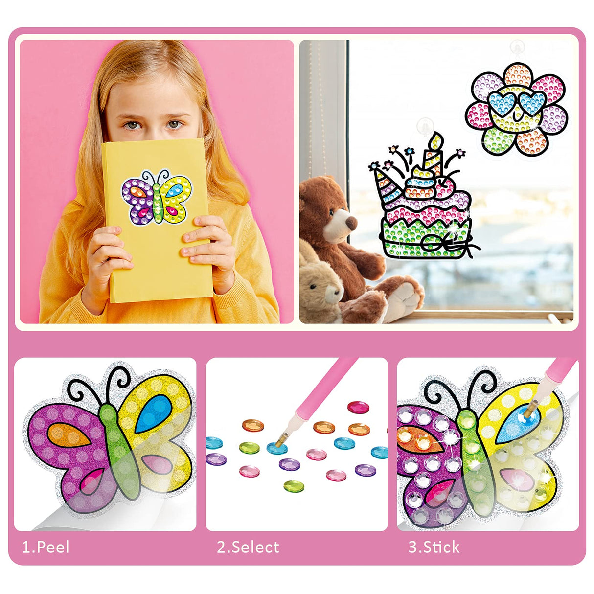 BEARUN Gem Art, Kids Diamond Painting Kit-Big 5D Gem, Arts and Crafts for Girls Ages 6-12, Create Your Own Magical Stickers and Suncatchers - Diamond Art Gift for Girls Ages 6, 7, 8, 9, 10-12, 6-8 BEARUN