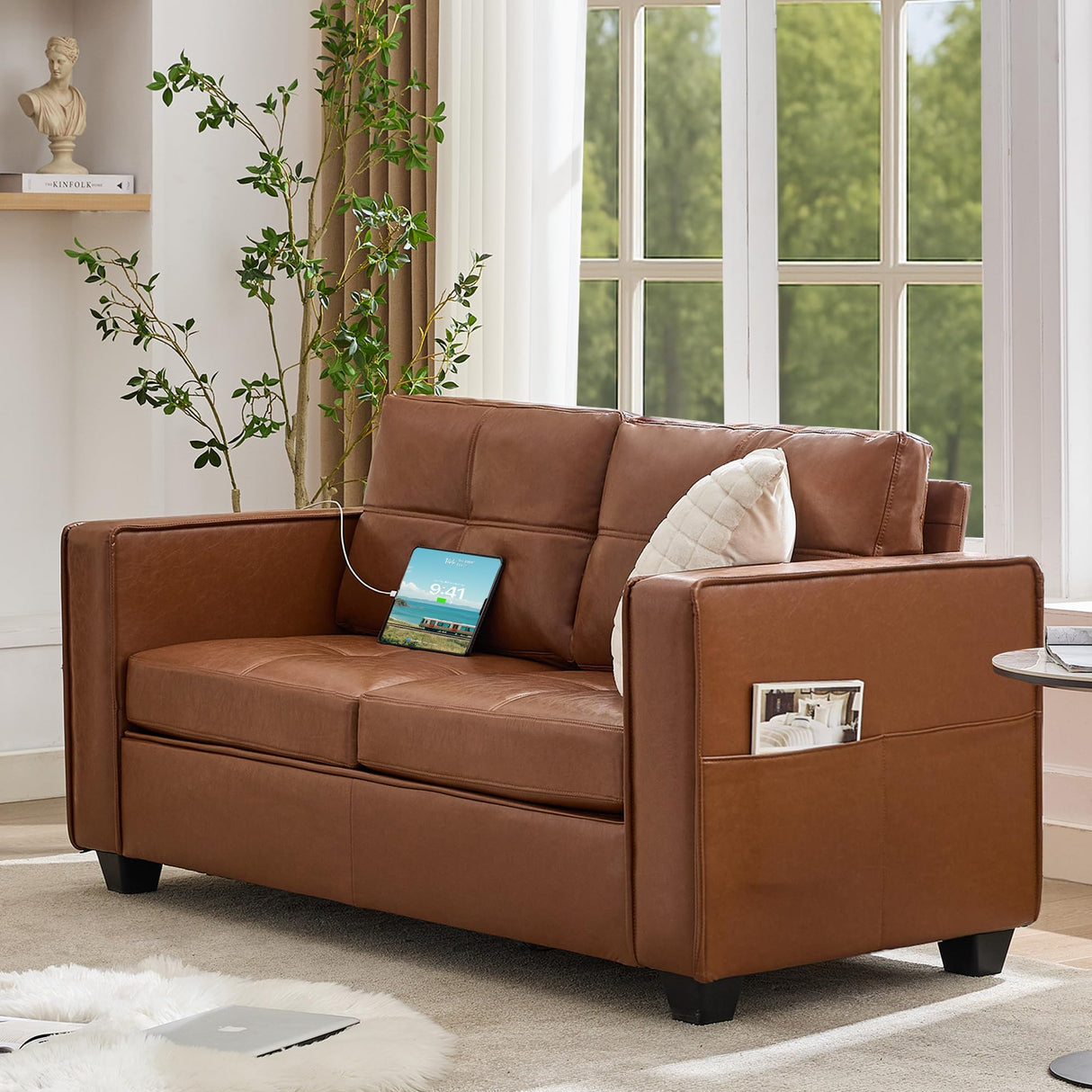 TYBOATLE 65" Brown Faux Leather Sofa Couches for Living Room, Mid-Century Modern Tufted Comfy Loveseat w/USB Charging Ports and Wide Arms, 2 Seater Office Small Couch for Small Space Bedroom TYBOATLE