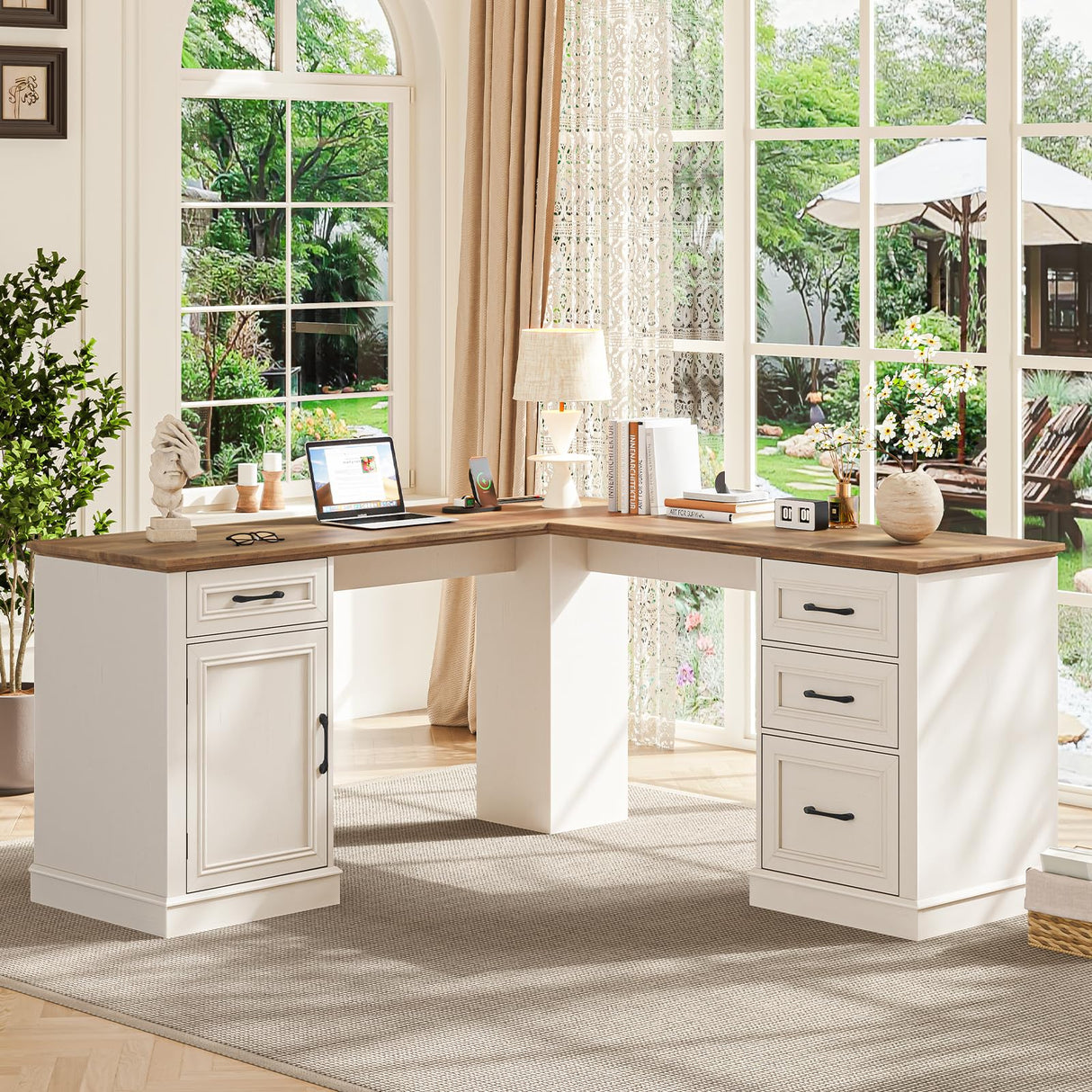 Farmhouse 59" L-Shaped Executive Desk with Drawers, Wood Home Office Corner Desk with Charging Station, File Drawer, Storage Cabinet, Rustic Computer Writing Desk for Home Office (Antique White). Vabches