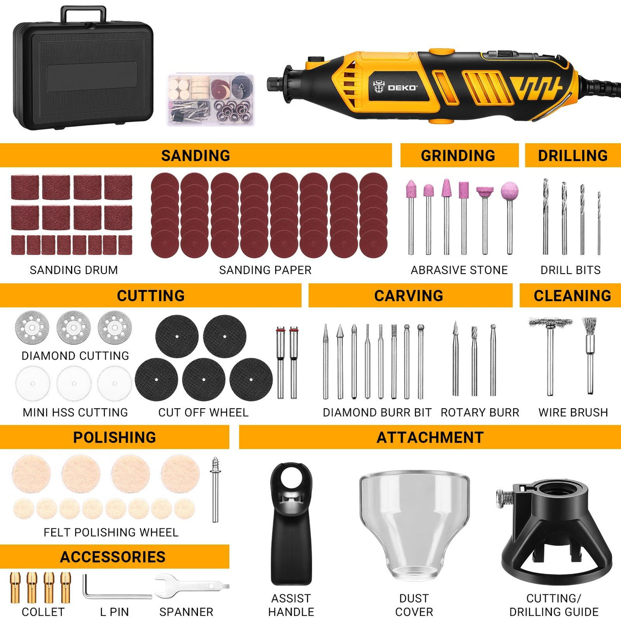 Rotary Tool Kit: DEKOPRO Power Hand Rotary Tools Mini for Wood/Metal, Electric Grinder Drill Machine Set with Flex Shaft for Carving, Cutting, Sanding, Grinding, Polishing, Engraving DEKOPRO