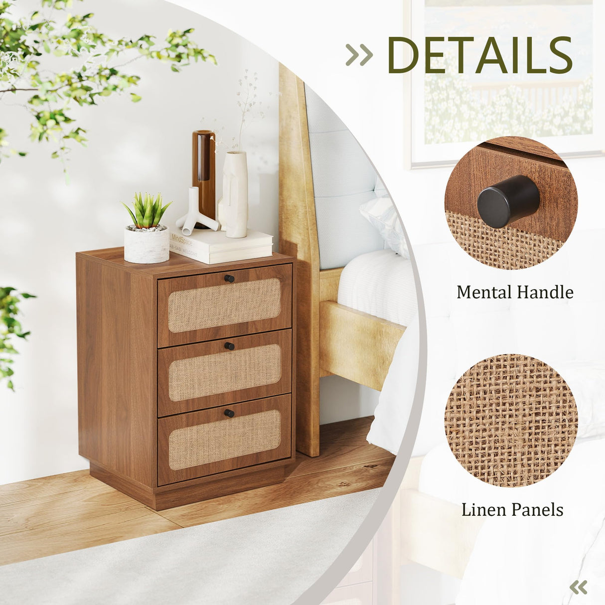 AVZEAR Mid Century Night Stand Set of 2, Modern Nightstand with 3 Drawers and Nature Linen Panel, Wood Bedside Table Rustic End Table for Small Space, Dorm, Bedroom(Walnut) AVZEAR