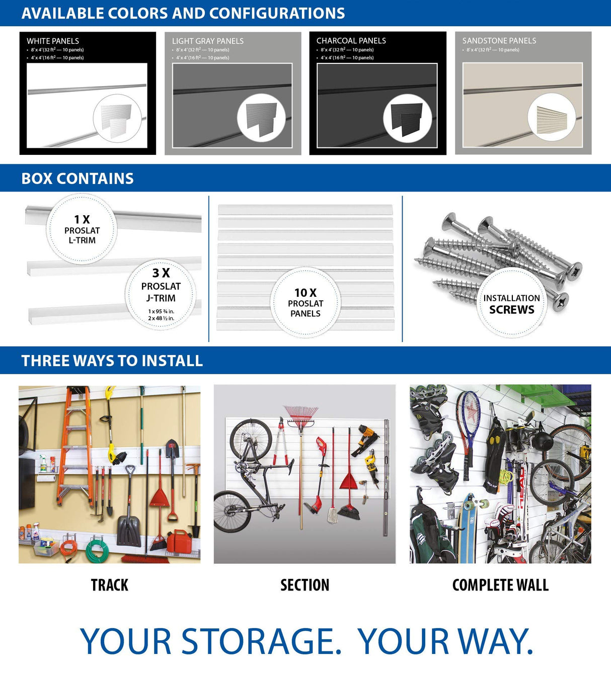 Proslat Garage Storage PVC Slatwall Panels - 2 Packs of 8 ft. x 4 ft. Sections (20 Single slats which Make up 64 sq.ft Once Installed) (Charcoal) (Dark Gray) PROSLAT