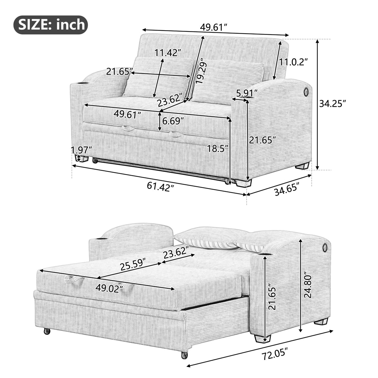 Merax 61.6" Pull Out Sleeper Sofa Bed, Modern Chenille Convertible Loveseat Sofa with Adjsutable Backrest, 2 Pillows, Cup Holders, USB Ports for Living Room, Apartment, Gray Merax