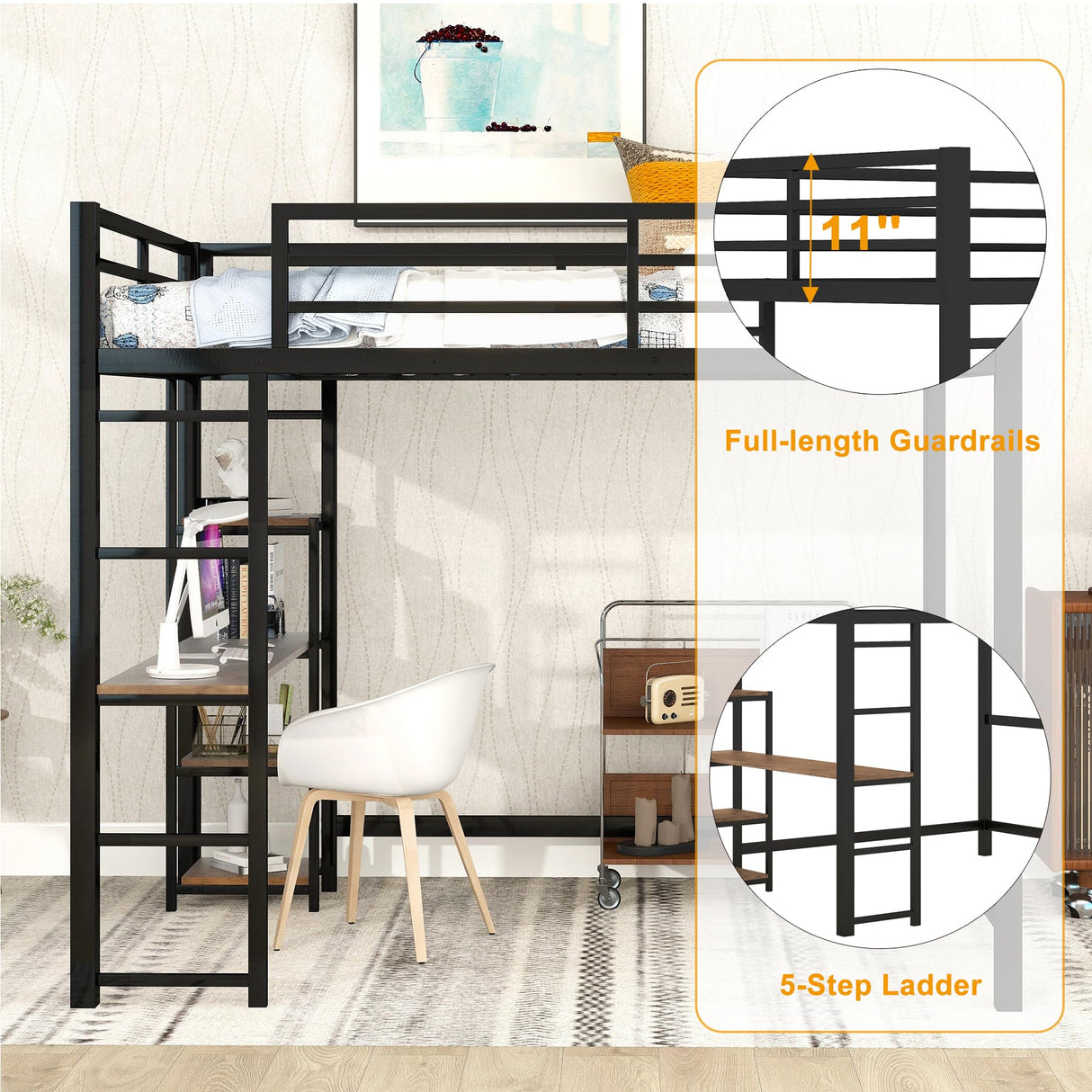 Bellemave Black Metal Loft Bed with Desk and Storage Shelves for Kids and Teens Bellemave