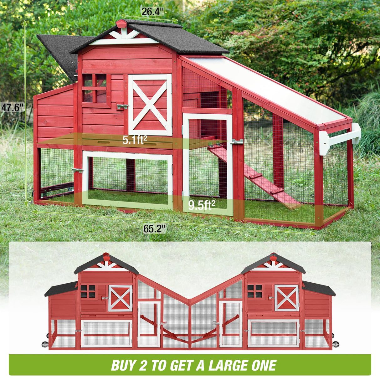 GUTINNEEN Chicken Coop Outdoor Wooden Hen House 65" with Large Nesting Box, Poultry Cage with Removable Tray,UV Proof Roof red GUTINNEEN