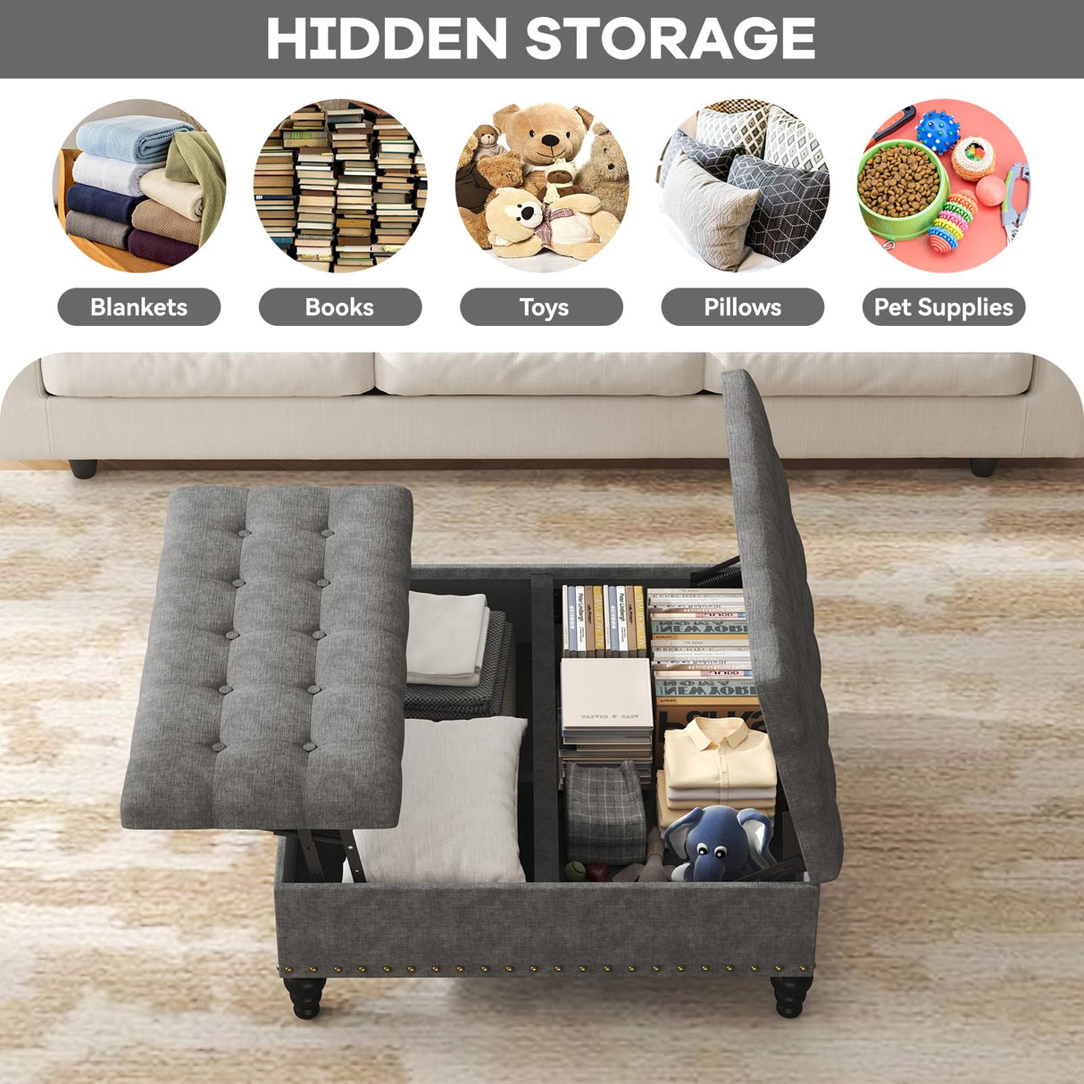 iabifo Large Square Storage Ottoman Bench,Versatile Lift-Top Coffee Table, Toy Box Footrest for Living Room in Chenille, Grey iabifo