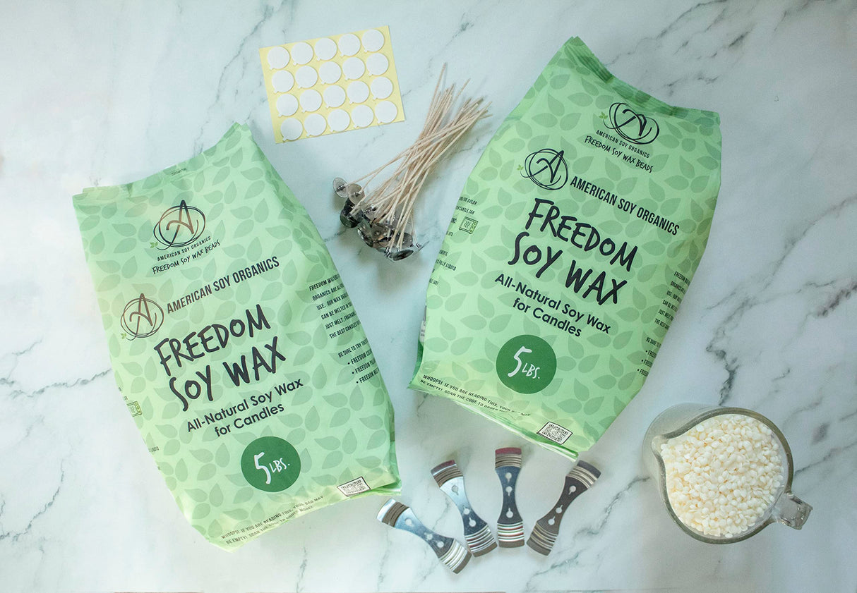American Soy Organics Microwavable Soy Wax Beads for Candle Making – Premium Soy Candle Kit-10 pounds Freedom Soy Beads-4 Centering Devices- 20 Wick stickers-20 6-inch pre-Waxed Wicks American Soy Organics