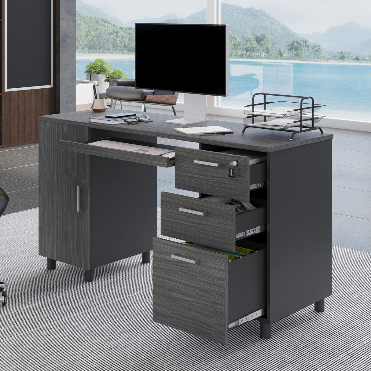 Modern Design Venice Office Computer Desk with 3 Locking Drawers and Storage Cabinet, 53 Inch Home and Office Executive Grey and Black Desk with Keyboard Tray by Crafts and Comfort Modern Design By Crafts & comfort