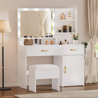 YITAHOME Vanity Desk with Mirror, Makeup Vanity Set with Power Strip, 9 Dimmable Bulbs, Drawers, Cabinet, Shelves, and Stool, 3-Color Adjustable Lighting, Elegant Vanity for Dressing Room, White
