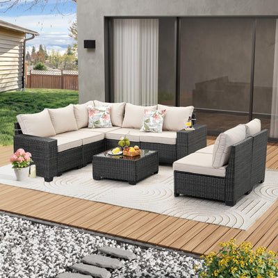 JOYURE 8 Pieces Patio Furniture Set All-Weather Outdoor Wicker Sectional Conversation Sofa Rattan Patio Seating Sofa with Cushion and Glass Table for Porch Poolside,Beige
