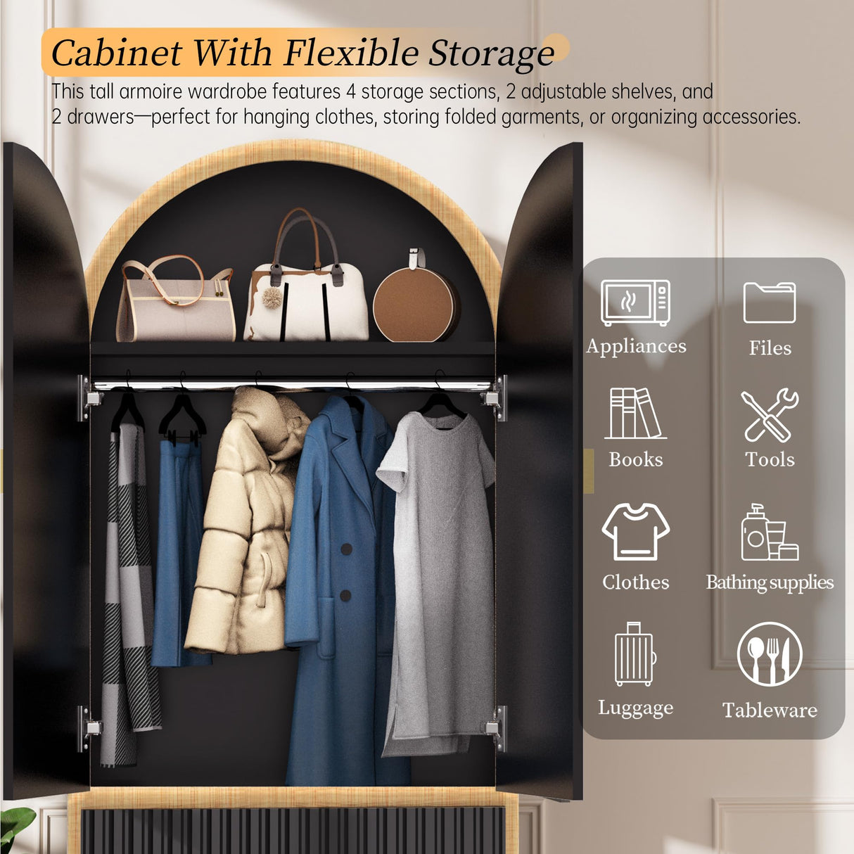 HOLCEPZN 78" Tall Black Arched Cabinet with Fluted Doors, 4 Adjustable Shelves & 2 Drawers, Modern Storage Organizer for Pantry, Bookshelf, Bathroom or Wardrobe Use HOLCEPZN