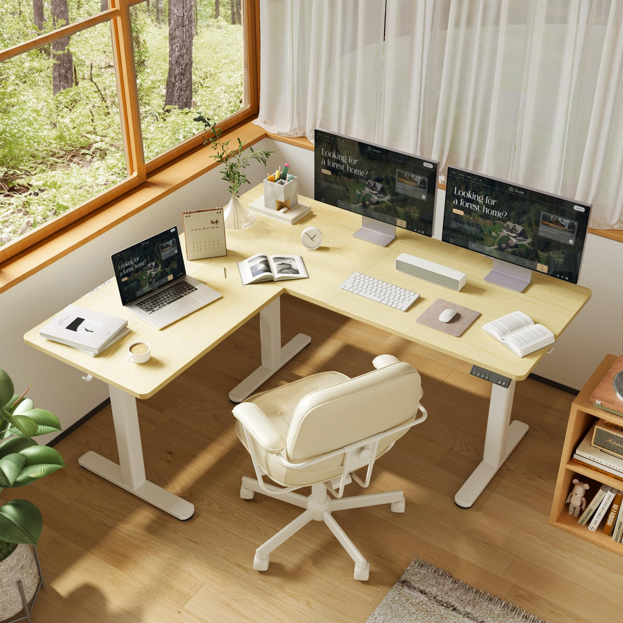 YDN L Shaped Standing Desk, Electric Standing Desk L Shape Adjustable Height Dual Motor, 63 x 55 Inch Corner Standing Desk with Splice Board for Home Office, Large Standing Desk, Nature YDN