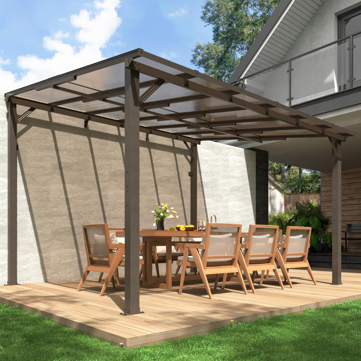 WKM 10X12 FT Gazebo for Patio,Large Wall-Mounted Lean to Gazebo Pergola with Roof on Clearance, Lean to Gazebo Hard Top, Lean to Gazebo Awnings for Patio, Decks, Porch and Backyard WKM