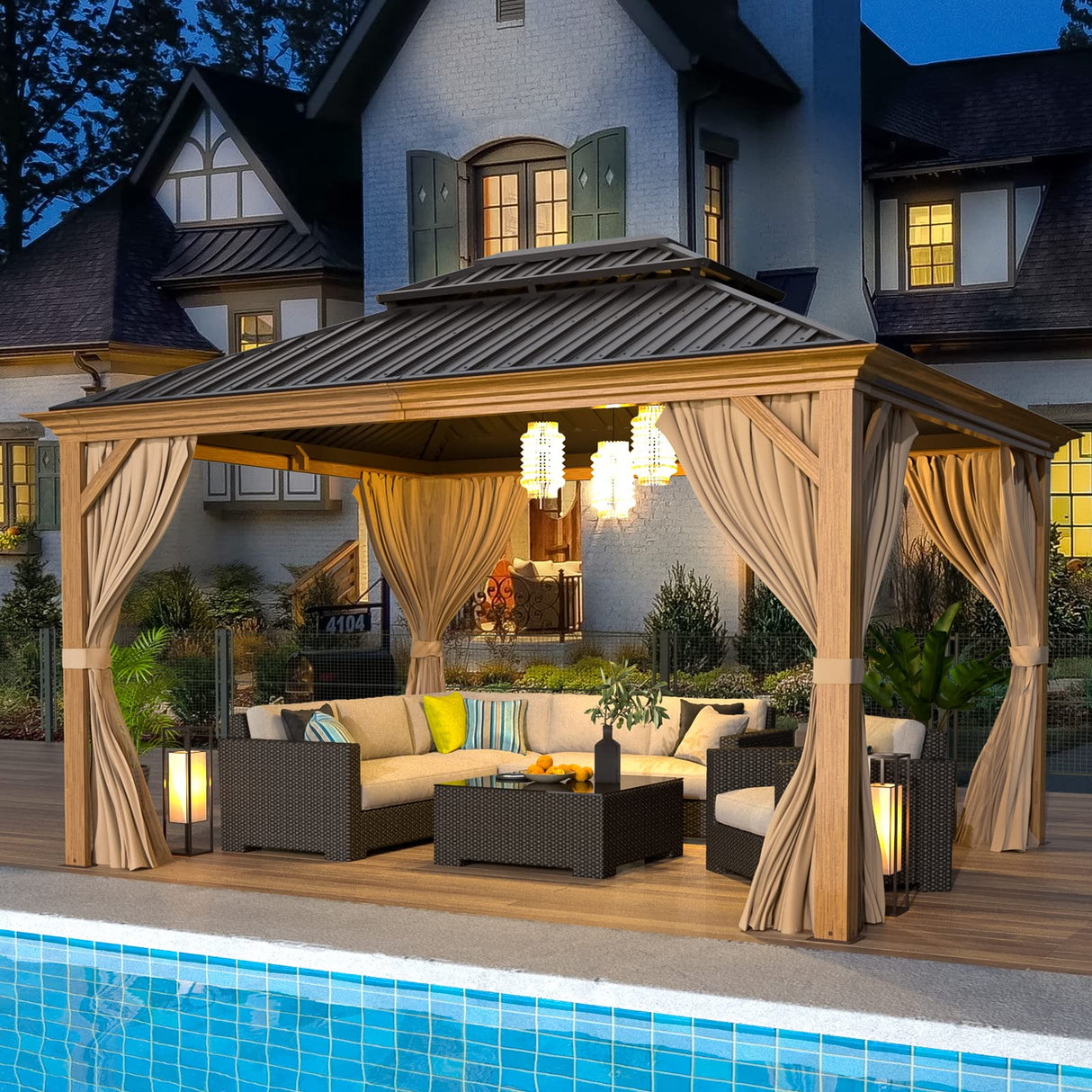 EROMMY 10'x12' Hardtop Gazebo, Wooden Finish Coated Aluminum Frame Gazebo with Galvanized Steel Roof, Outdoor Metal Gazebos with Curtains and Nettings for Patio, Backyard, Deck and Lawns EROMMY