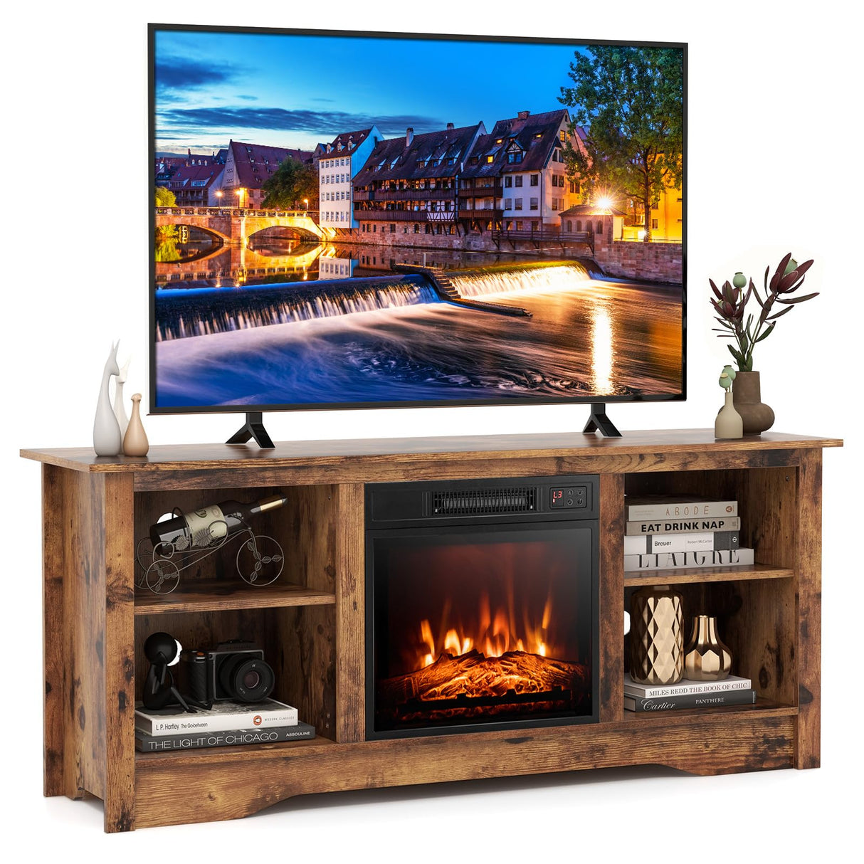 Tangkula TV Stand with 18” Electric Fireplace, for Flat Screen TVs Up to 65” with Adjustable Shelves, Fireplace TV Cabinet with Remote Control, Thermostat & Adjustable Flame Brightness (Rustic Brown) Tangkula