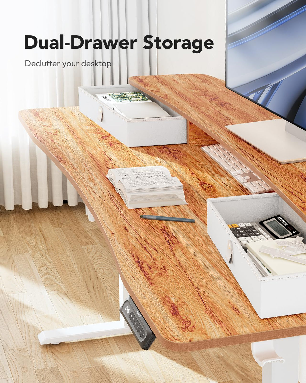 HUANUO 48″ x 24″ Electric Standing Desk with 2 Drawers, C-Clamp Mount Compatible, Height Adjustable Computer Desk, Home Office Stand Up Desk with 4 Preset Heights & 2 Hooks, Light Vintage HUANUO