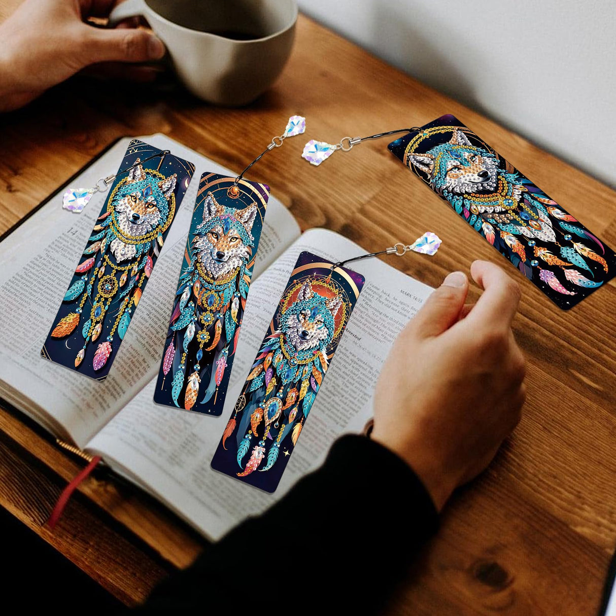 4 Pack Diamond Painting Bookmark Kits Blue Wolf Dreamcatcher, Special Shaped Diamond Art Bookmarks with Pendant, DIY Handmade Crafts Home Office Supplies Reading Bookmark, Perfect Gift for Book Lovers Focart