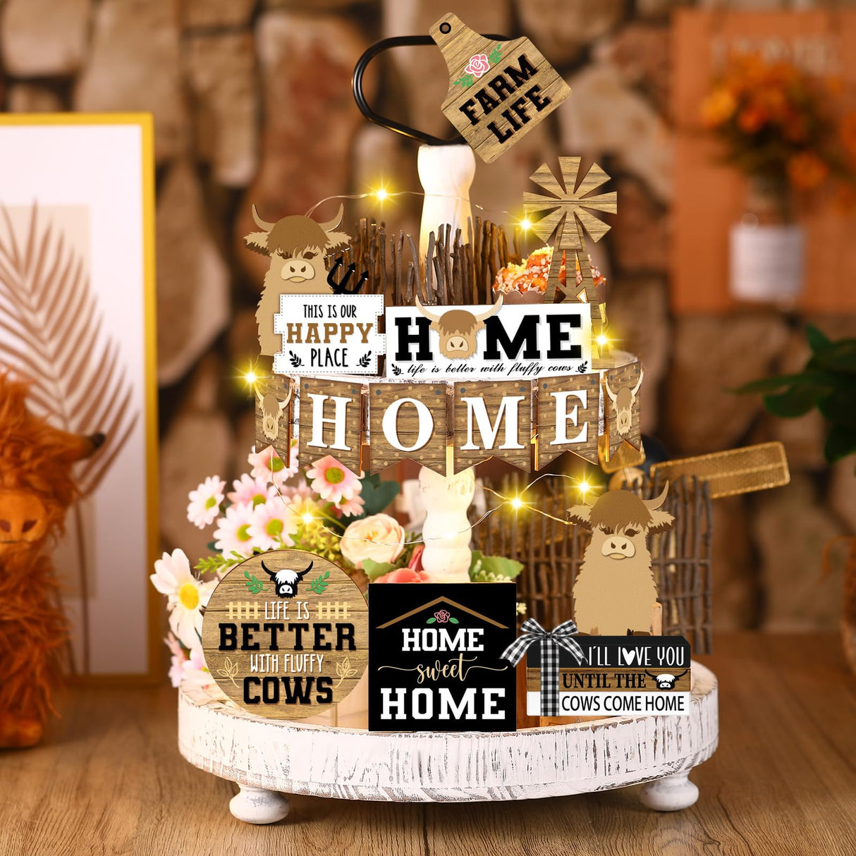 Soaoo 16 Pcs Highland Cow Tiered Tray Decor Gnome Plush Tray Decor Farmhouse Rustic Wood Table Signs with String Lights for Holiday Table Centerpieces Home(Highland Cow) Soaoo
