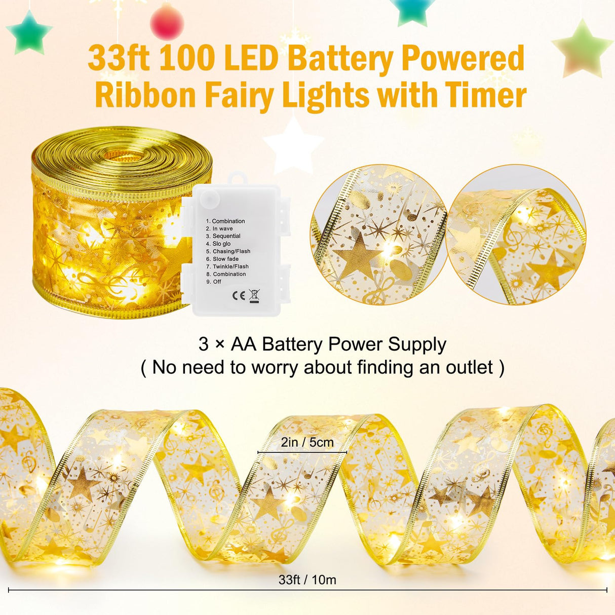 Minetom Christmas Tree Ribbon String Lights - 33ft 100 LED Battery Powered Fairy Lights with Timer and 8 Lighting Modes, Christmas Ribbon Bows Lights for 6ft - 8ft Christmas Tree New Year Decor, Gold Minetom