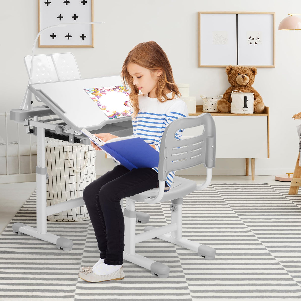 Rengue Kids Desk and Chair Set Height Adjustable School Study Desk and Chair with 55° Tiltable Desktop, 3 Modes&3 Brightness LED Lamps, Storage Drawer and Metal Hook for Boys Girls, Grey Rengue