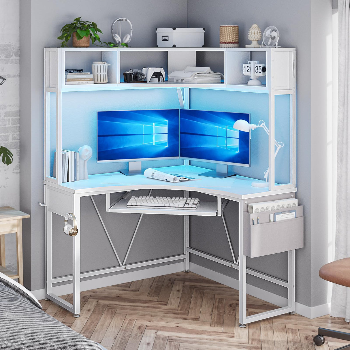SEDETA Corner Desk, Small Computer Desk with Hutch & LED Lights, Triangle Corner Computer Desk with Keyboard Tray, Storage Bag, and Headphone Hook for Small Space, Small Office Desk, White SEDETA