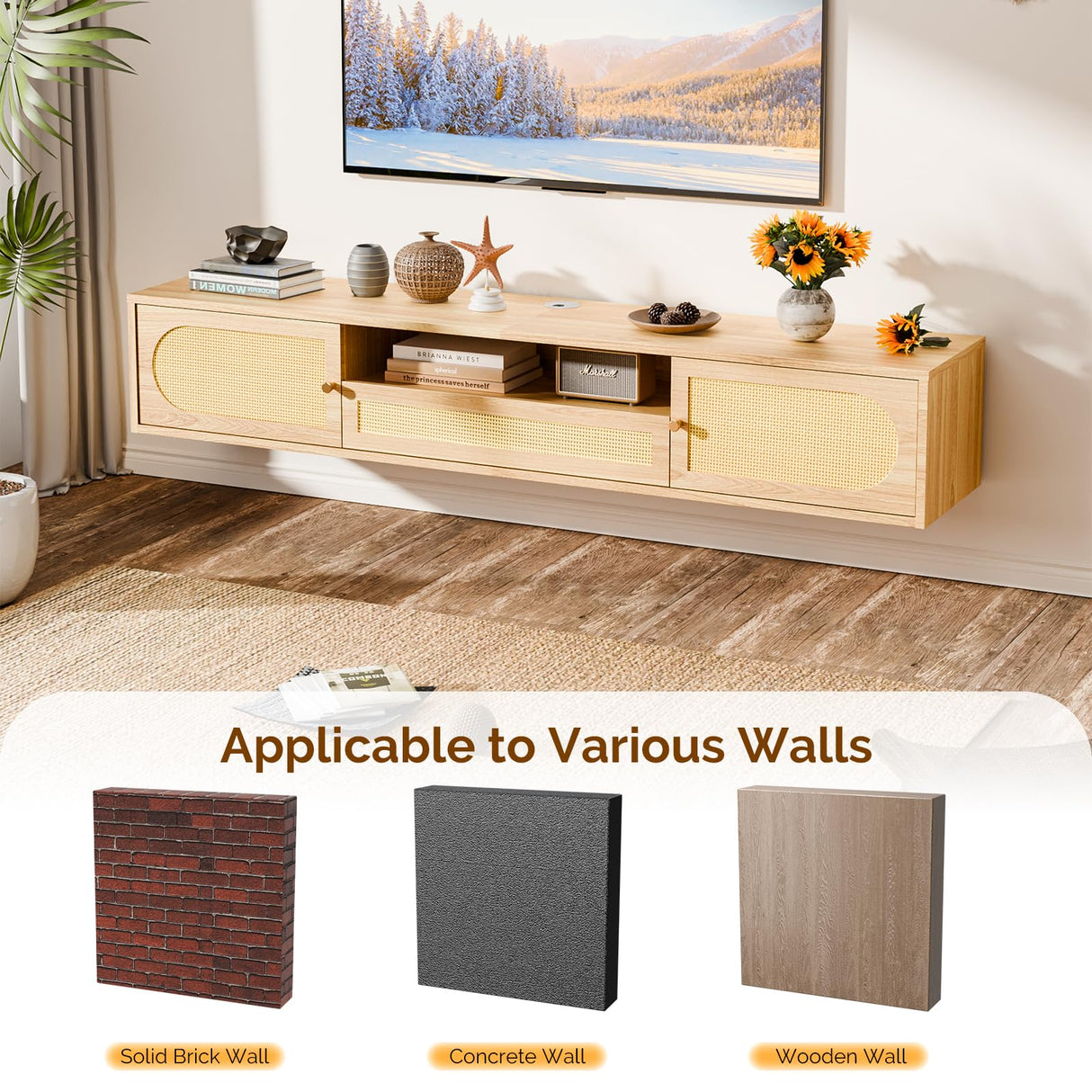 VINGLI 58" Rattan Floating TV Stand, Wall Mounted Entertainment Center with Storage and Drawer, Media Console with Storage Cabinet Shelf Under TV for Living Room, Natural Oak VINGLI