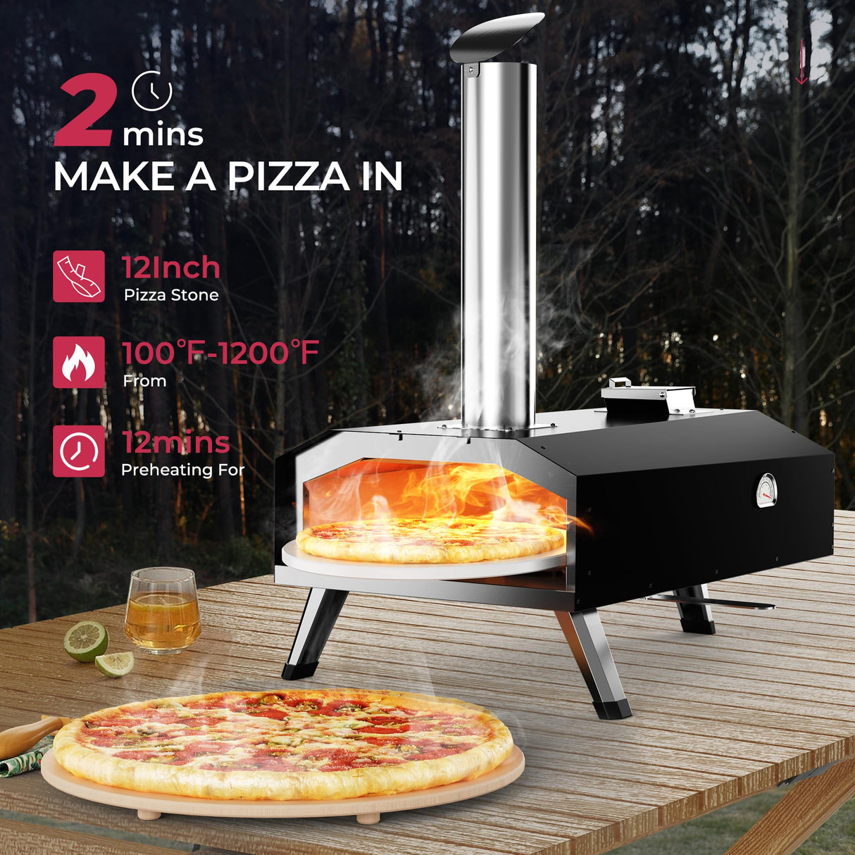 Icyglee 12" Wood Pellet Outdoor Pizza Oven,Wood Fired Portable Pizza Maker with Rotatable Pizza Stone, Countertop Pizza Grill for Backyard and Outside, Black Icyglee