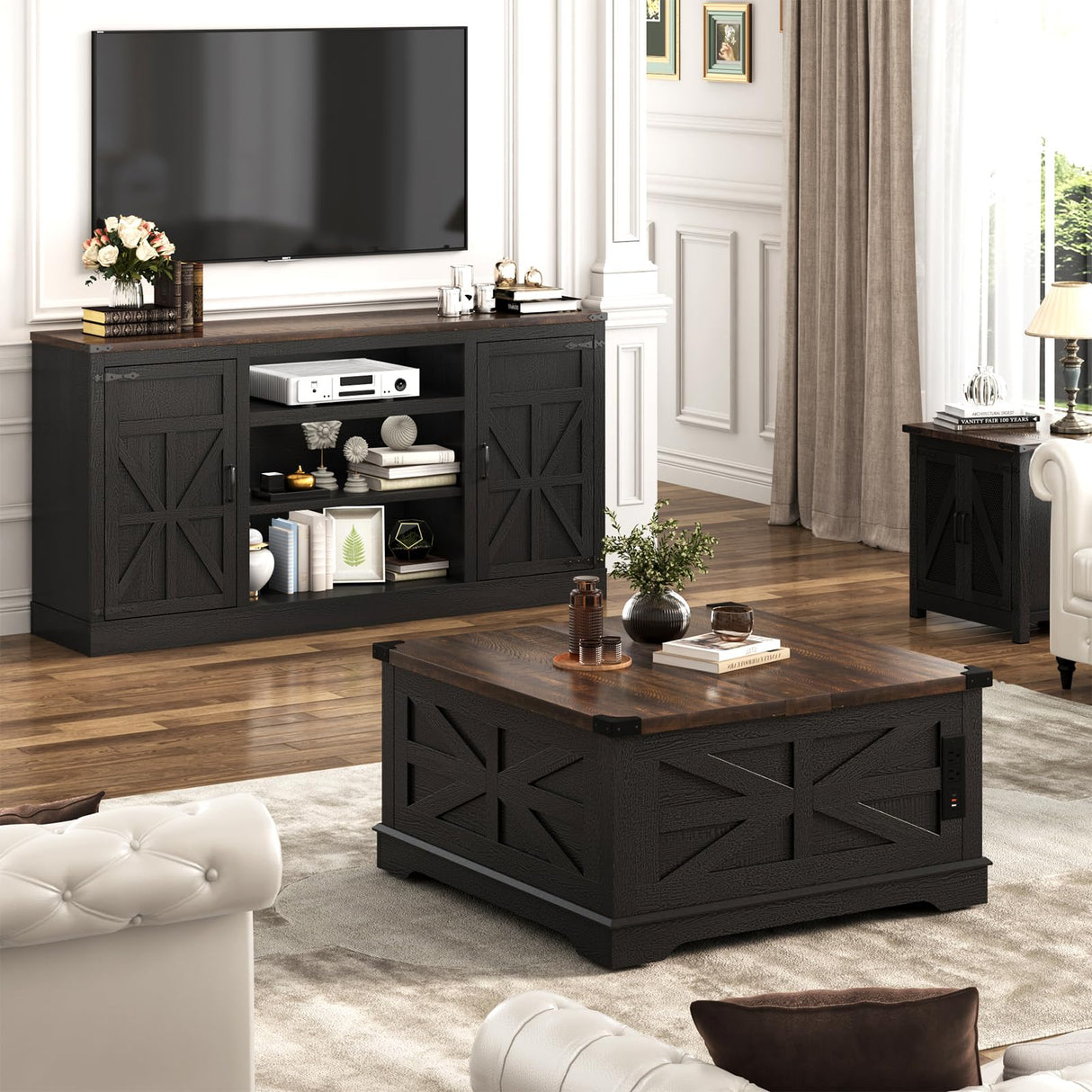 Hlivelood 66" Farmhouse TV Stand with Power Outlets for 75 65 Inch TVs, 33" Tall Entertainment Center with Storage Cabinets w/Adjustable Shelves, Rustic Large TV Media Console for Living Room, Black Hlivelood