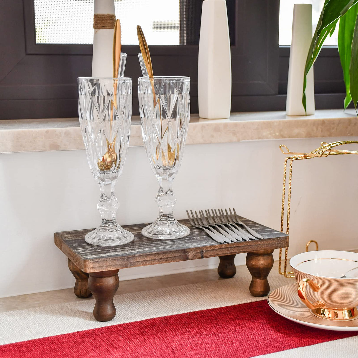 Farmhouse Wooden Riser Decorative Tray with Pedestal Stand Pump Bottle Display Tray for Kitchen Bathroom Counter Rustic Decor Brown Candles Plants Bottle Display Great for Home and Kitchen Decor. OKSQW