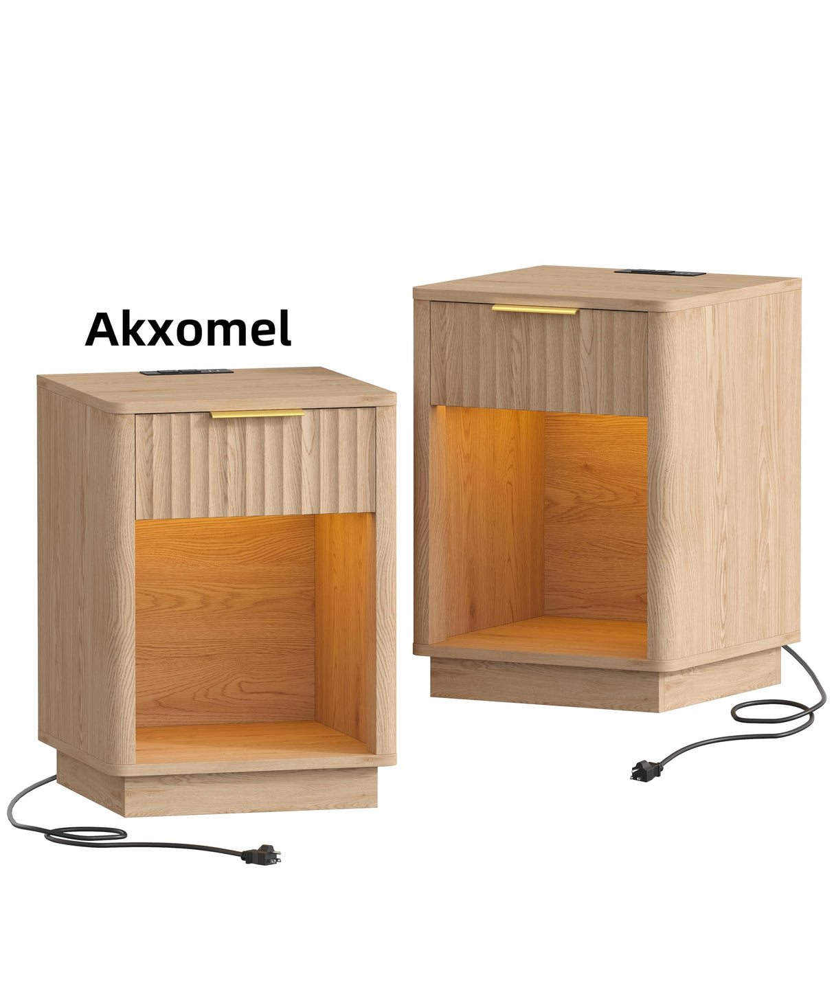 Akxomel Fluted Nightstands Set of 2, Wooden Night Stand with Charging Station and LED Light, Modern Mid Century End Table with Drawer, 15" D x 15.7" W x 22.6" H, for Bedroom, Natural Oak Akxomel
