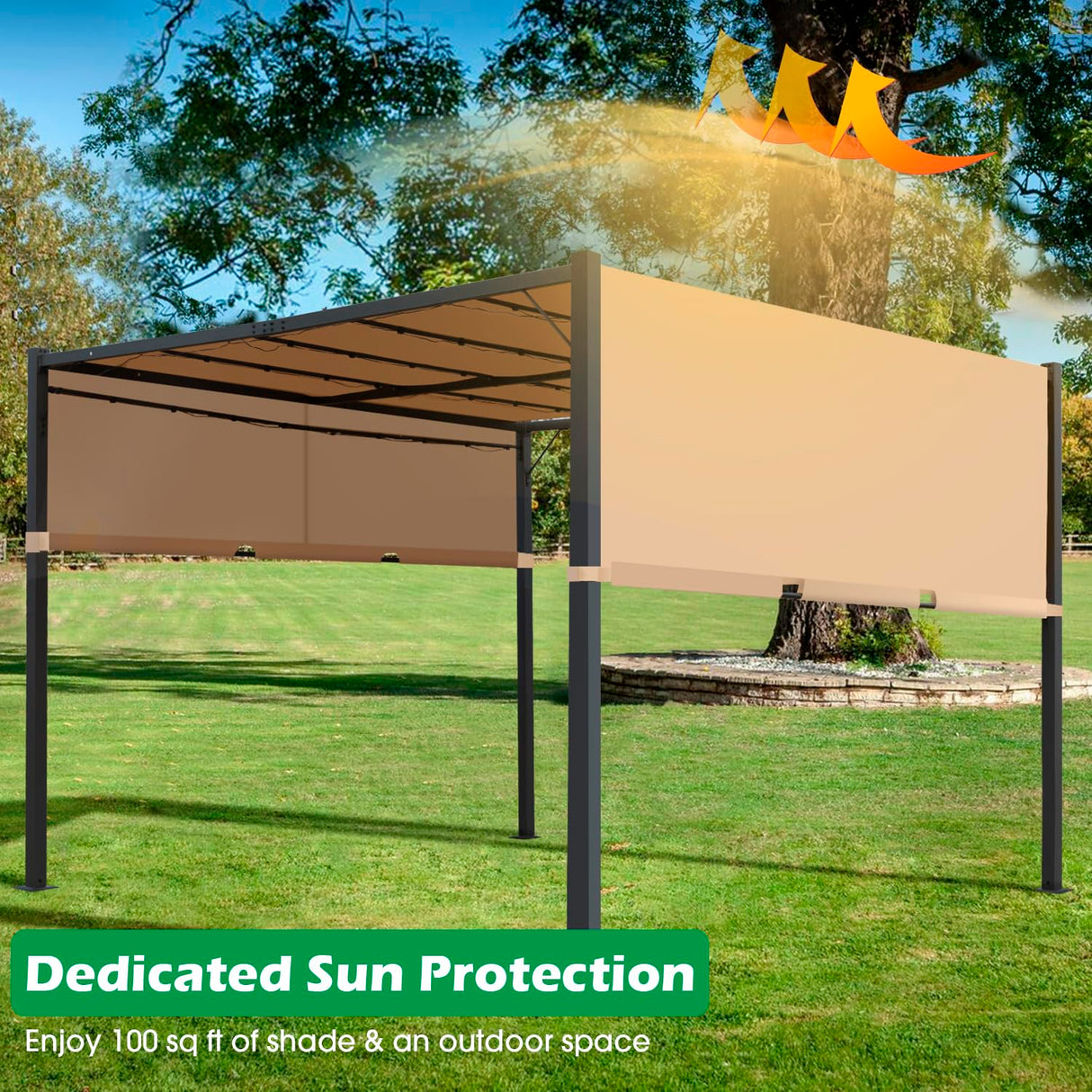 10’ x 10’ Outdoor Pergola Waterproof Gazebo Canopy Sturdy Frame Patio Pergola with Retractable Canopy Sides Solar Led Metal Stands for Porch Party Outdoor Patio Backyard, Tan PayLessHere