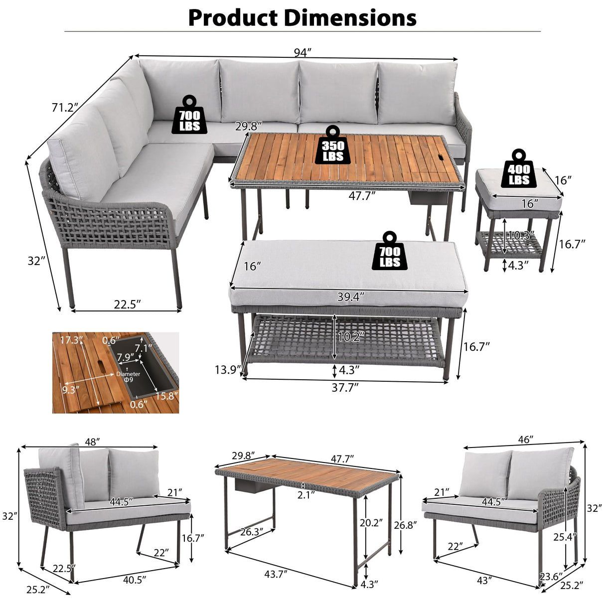 Merax 6 Piece Rope Patio Furniture L-Shaped Set, Outdoor Sectional Sofa Set with Acacia Wood Table with Ice Box, Rope Benches, Rope Conversation Set with Deep Seating & Thick Cushion for Couch,Grey Merax