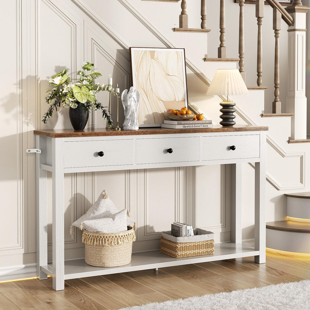 Homieasy Farmhouse Console Table with 3 Drawers, 47 Inch Wood Sofa Table with Storage Shelf for Living Room, Behind Couch, Entryway Table for Hallway, Living Room, or Foyer, Rustic Brown and White Homieasy