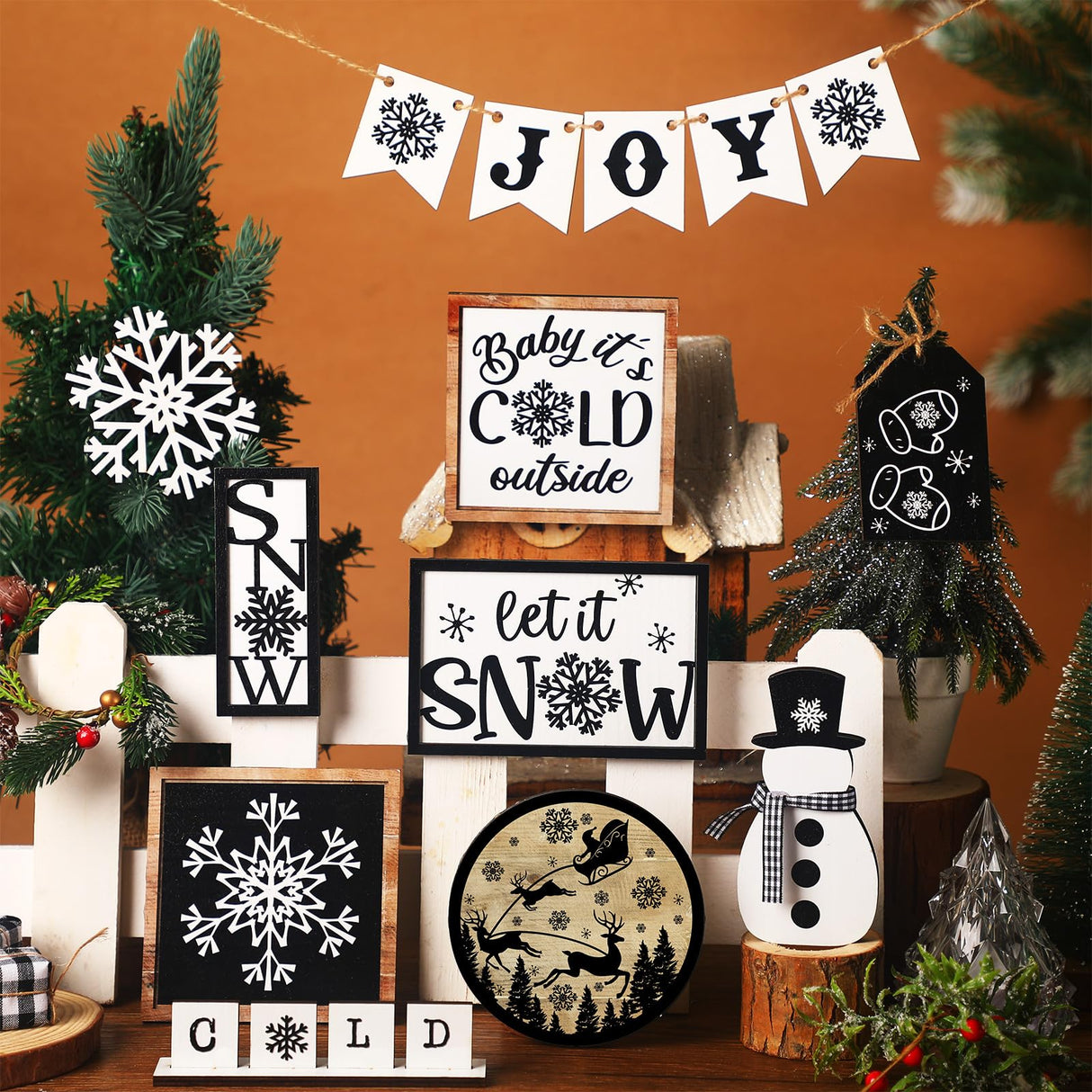 14 Pcs Winter Tiered Tray Decor Set Snowman Snowflake Table Decor Christmas Tree Wooden sign Farmhouse Coffee Spice Blocks Winter Table decoration for Christmas Home Table Shelf FairySandy