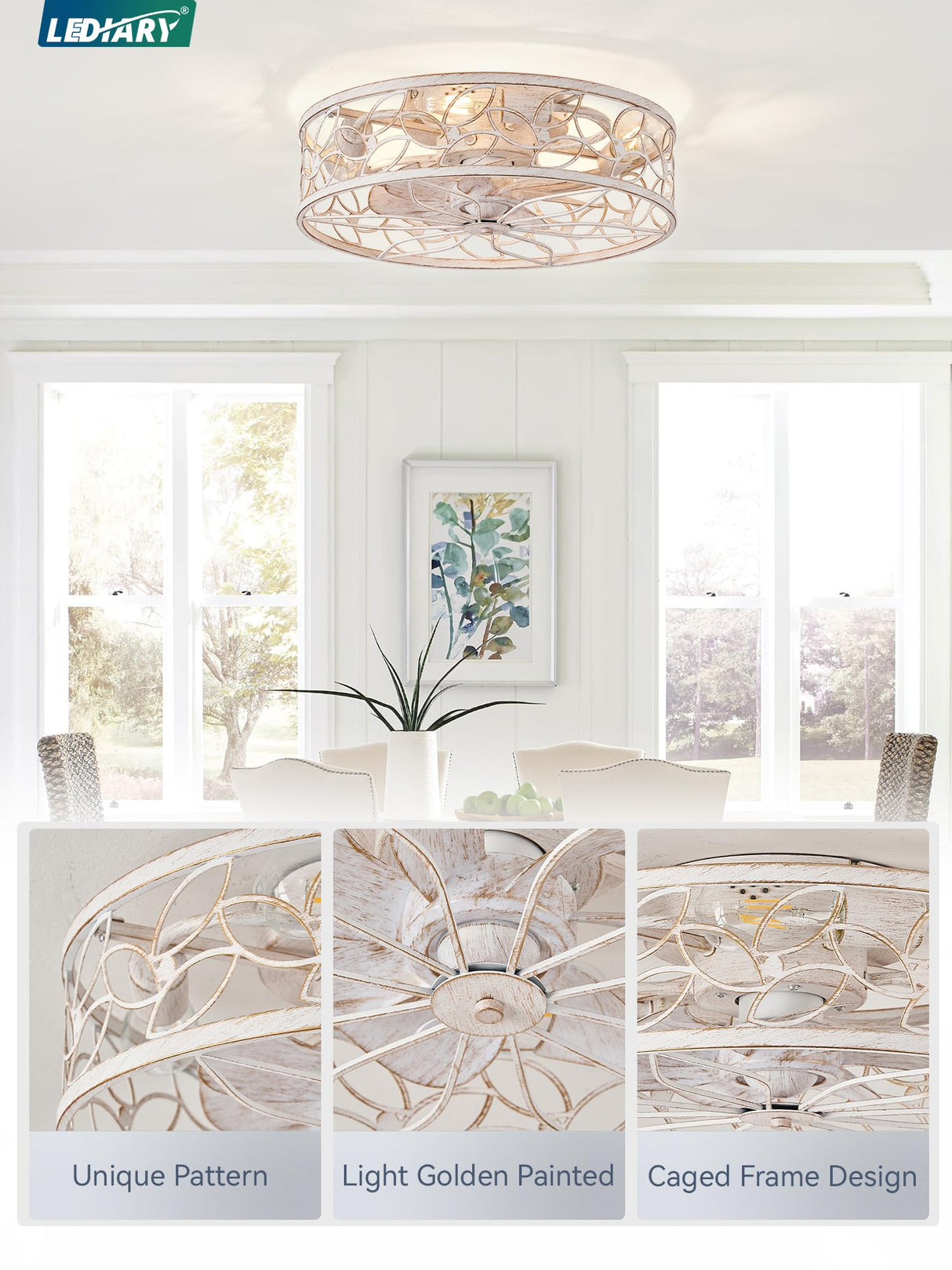 LEDIARY Caged Ceiling Fans with Lights, White Flush Mount Ceiling Fan with Remote, Small Low Profile Bladeless Ceiling Fan Light Fixture for Bedroom, Kitchen, Dining Room-White Gold Color LEDIARY