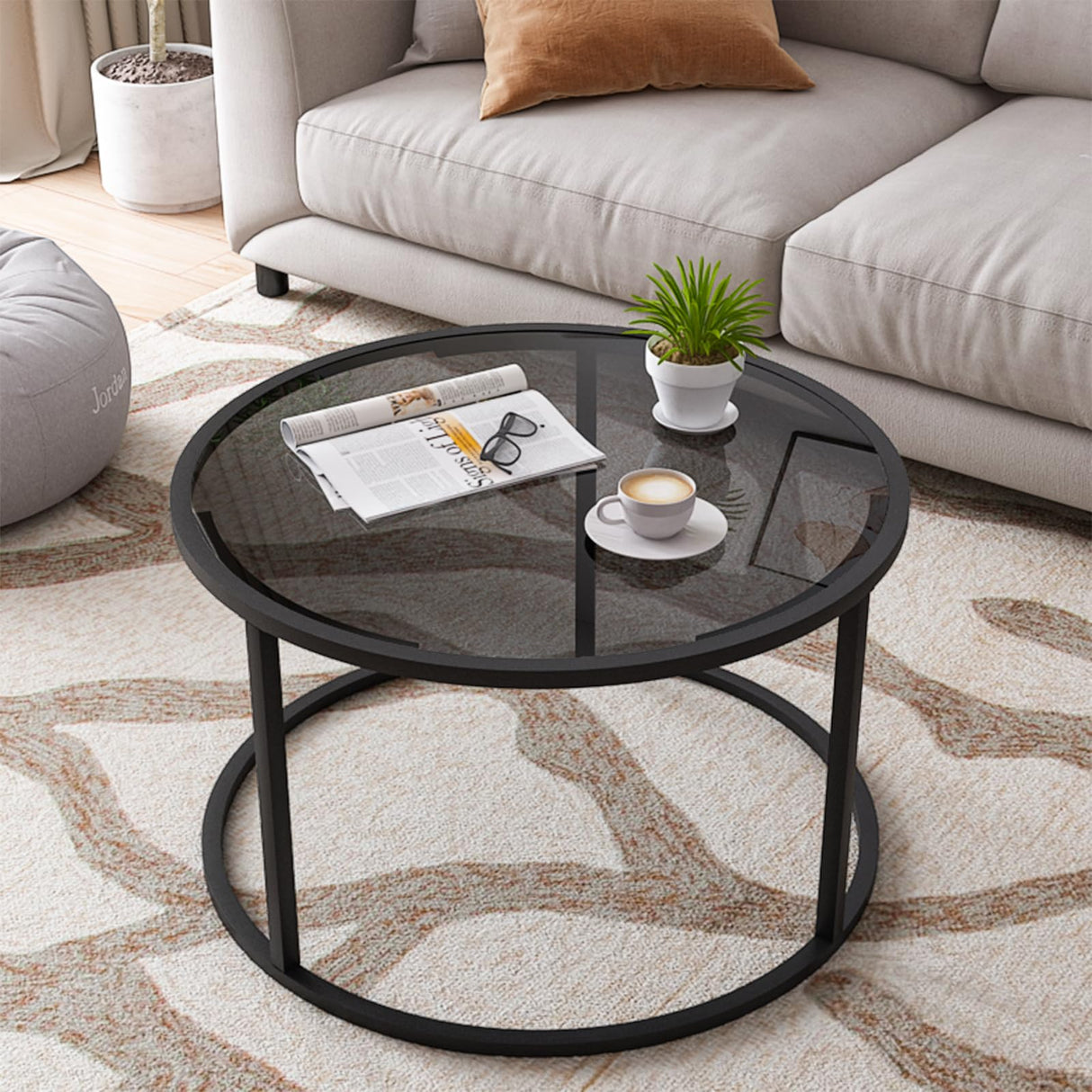Glass Coffee Table Modern Center Table,Minimalist Round Coffee Tea Table,Tempered Glass-top with Sturdy Metal Frame for Living Room Bedroom Office and Small Space, 27 x 27 x 17 Inch,Gray Black Easy Paws