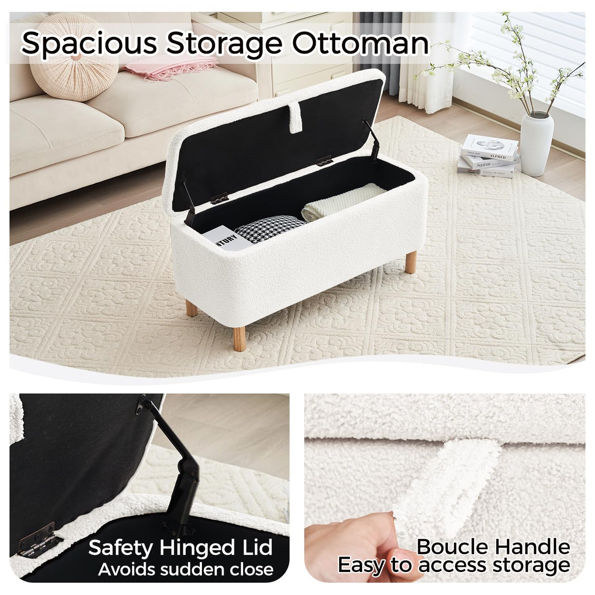 Storage Ottoman Bench for Bedroom End of Bed, Boucle Upholstered Padded Storage Bench for Entryway Bed Foot Entryway, Sherpa Rectangle Cushion Shoe Seat Blanket Chest Cute for Living Room, White Comfort Stretch