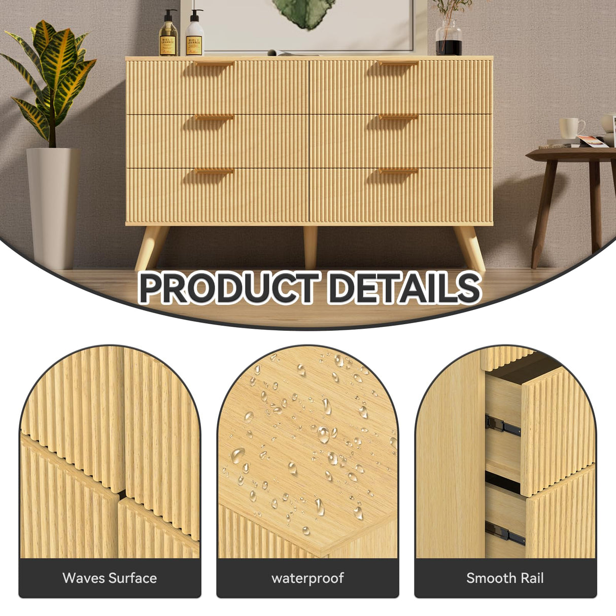 Buenhomino 6 Drawer Dresser for Bedroom, 47" Wide Modern Chest of Drawers with Fluted Design, Dresser TV Stand, Boho Storage Wood Dresser Organizer for Living Room, Hallway, Closet, Entryway Natural Buenhomino