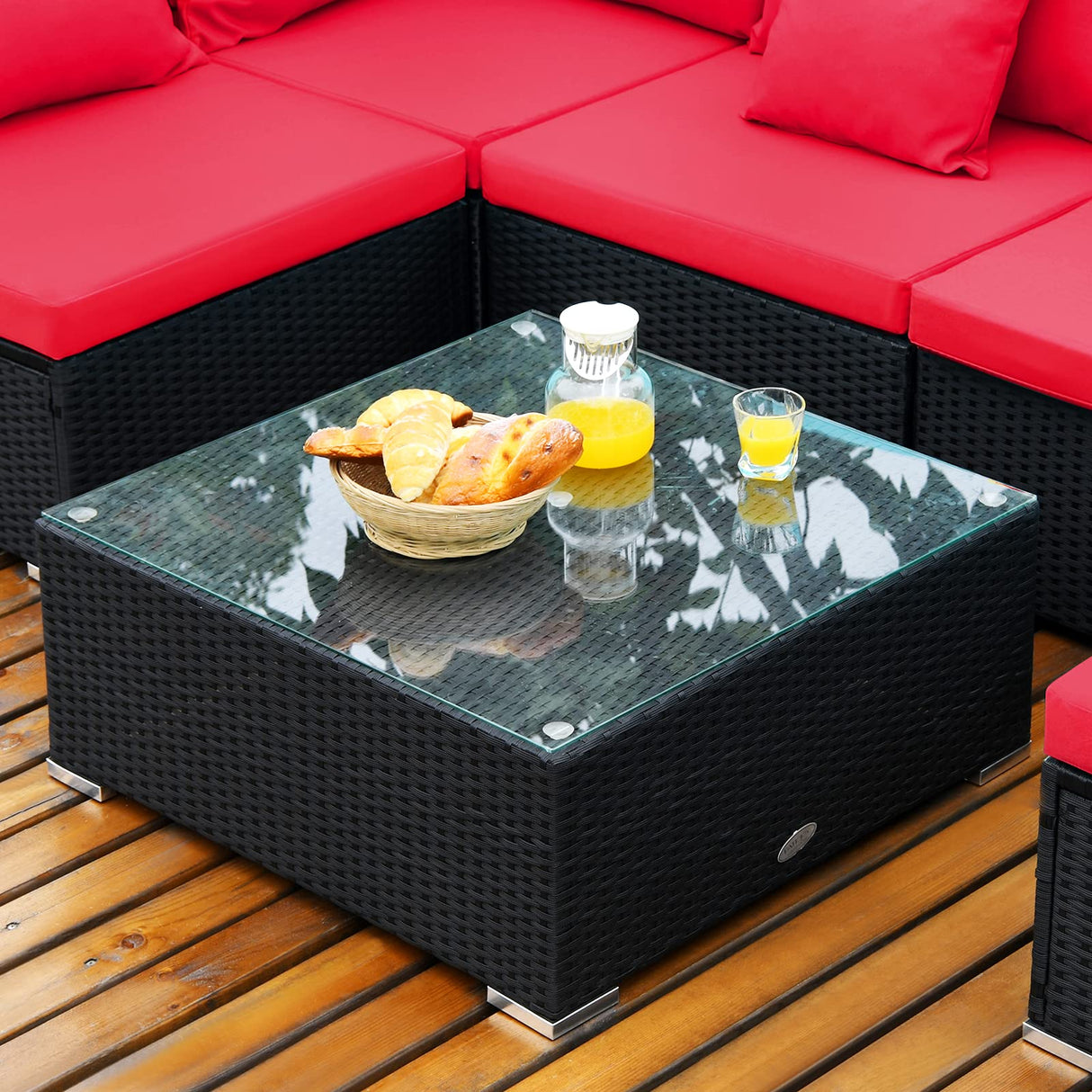 Tangkula 7 Piece Patio Furniture Set, Outdoor Sectional Sofa w/Pillows and Cushions, Wicker Sofa Conversation Set with Coffee Table, Patio Sofa and Tea Table Set for Garden, Lawn (Red) Tangkula