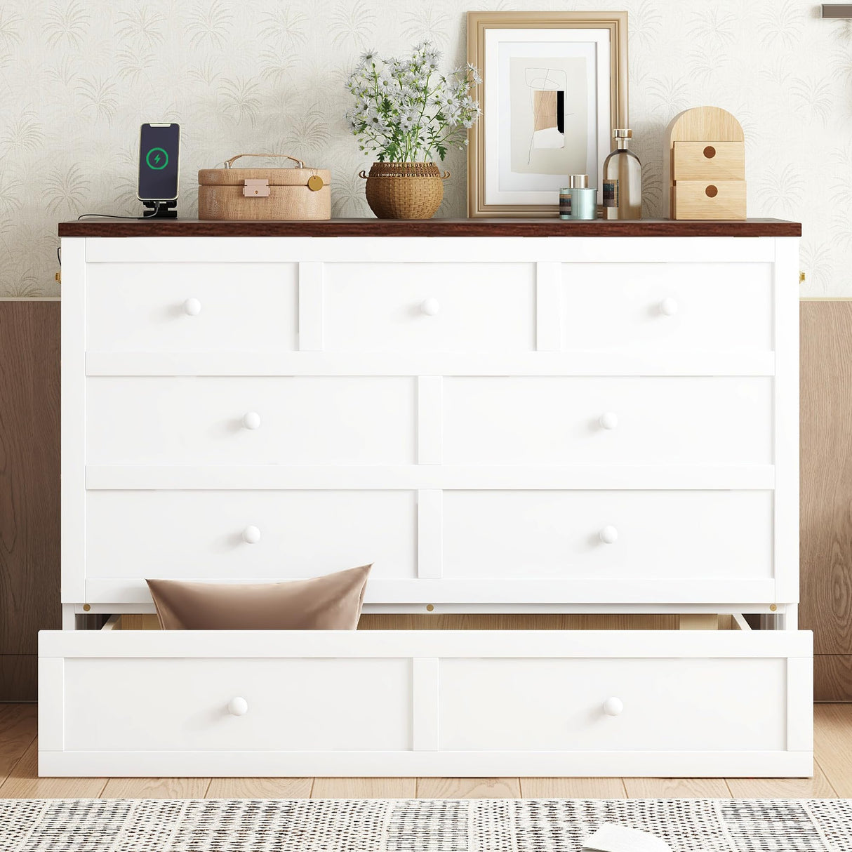 DaiNNCN Cabinet Murphy Bed with Storage Drawer and Charging Station,Cube Foldable Platform Bed,Space-Saving for Living Room,No Box Spring Needed,Full Size,White+Walnut DaiNNCN