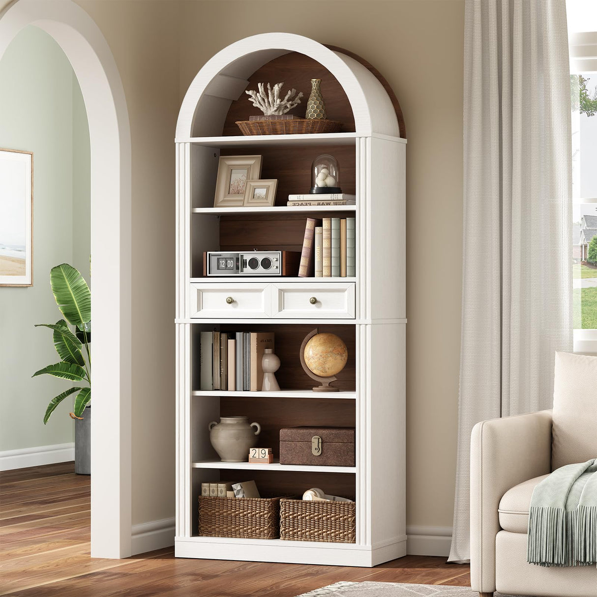 RALGEND Arched Bookshelf, 73" Tall Arch Bookcase with Drawers, 6-Tier Farmhouse Book Shelf, Wooden Bookshelf with Open Display Shelves for Living Room, Office, Adjustable Shelf, Walnut and White RALGEND