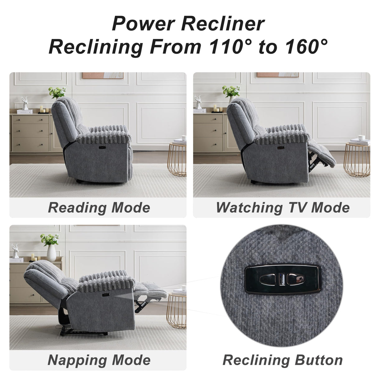 Comfort Stretch Grey Power Recliner Chairs for Living Room Faux Fur Electric Recliners Chair with USB Port Soft Fabric Overstuffed Single Reclining Chair Theater Seating Comfort Stretch