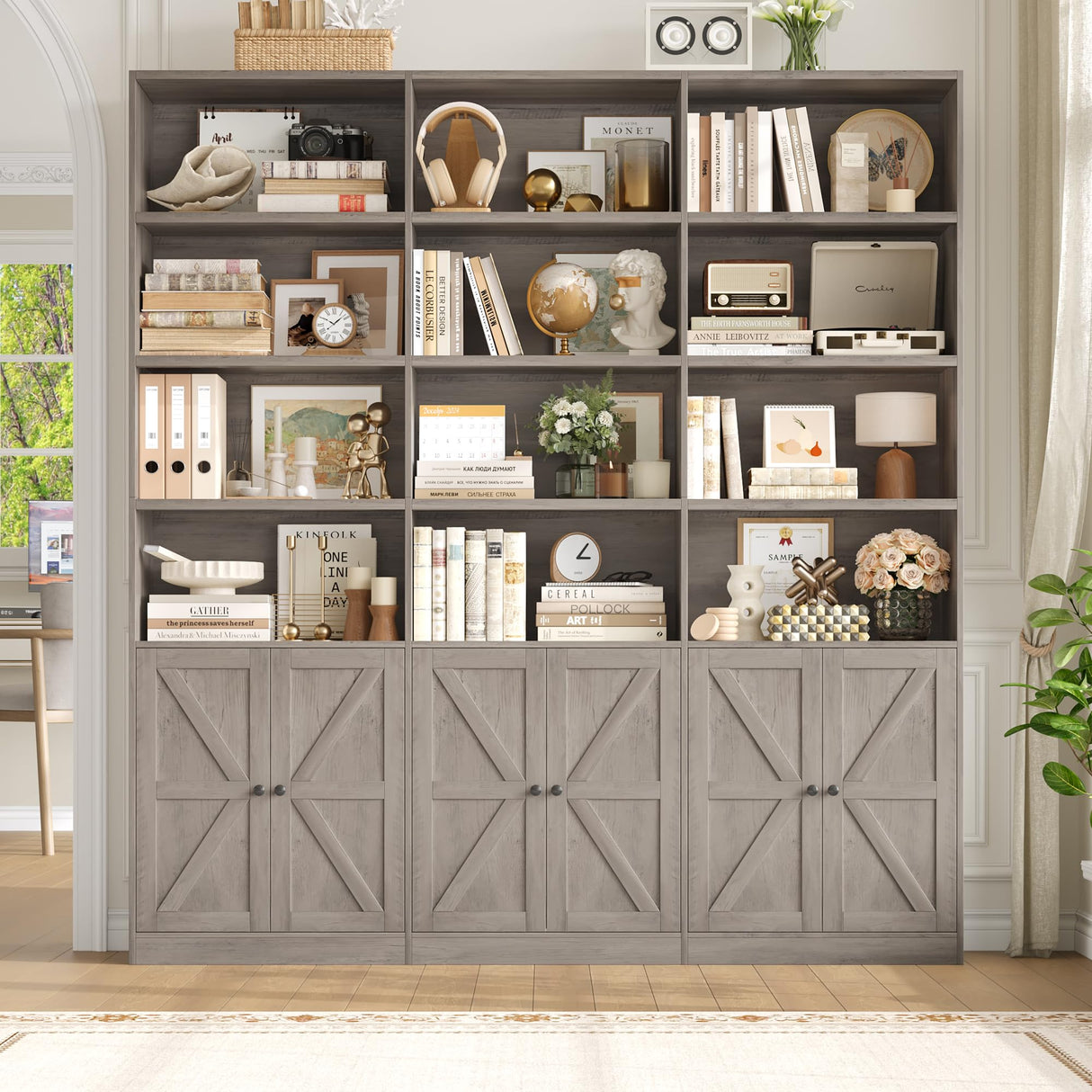 FACBOTALL 75" Triple Wide Bookshelf, Bookshelf and Bookcase with 6 Farmhouse Doors, 71" Wide 6 Tier Book Shelf with 18 Storage Shelves, Large Wooden Bookshelves, Tall Bookcase for Home Office, Gray FACBOTALL