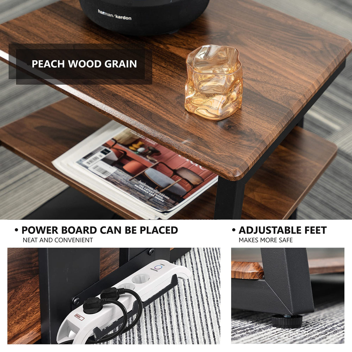 FITUEYES DESIGN 4-Tier AV Media Stand Corner Shelf for Record Player Wooden Stereo Cabinet Audio Rack Tower with Height Adjustable Wooden Shelves for/Apple TV/Xbox One/ps4 (Walnut) FITUEYES